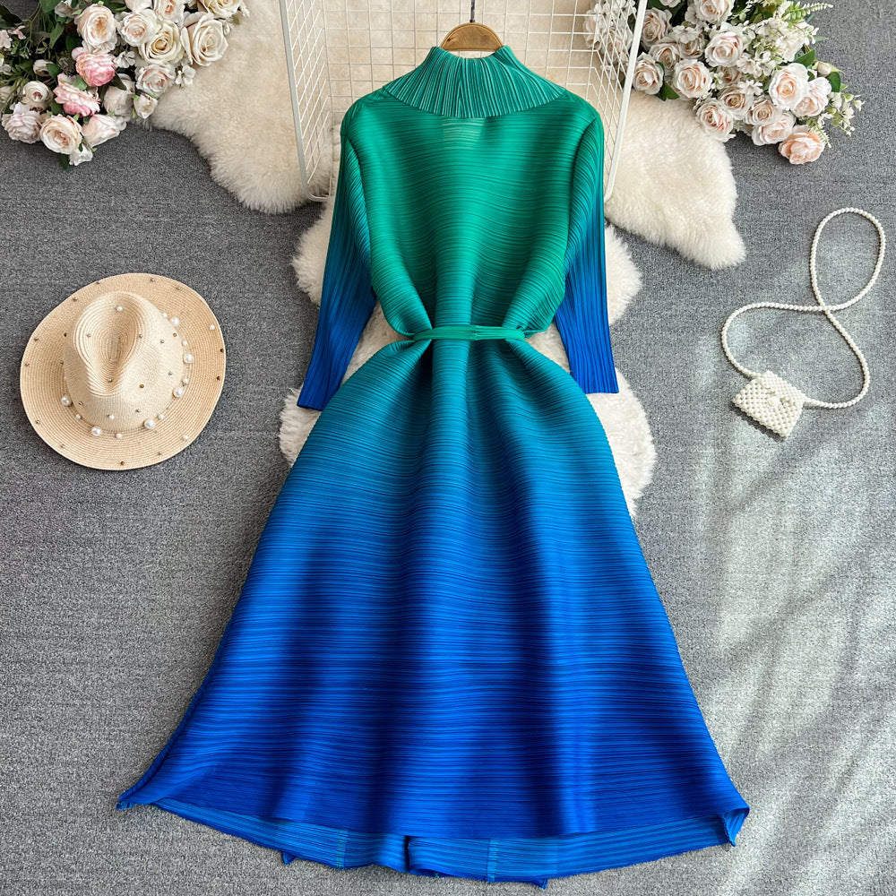 Women Pleated Long Sleeve Turndown Collar Lace-up Gradient Dress 19