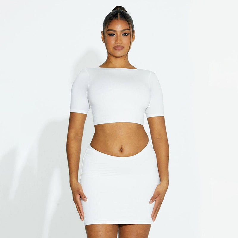 Women's Spring Solid Short Sleeve Crop Two Piece Skirt Set 8