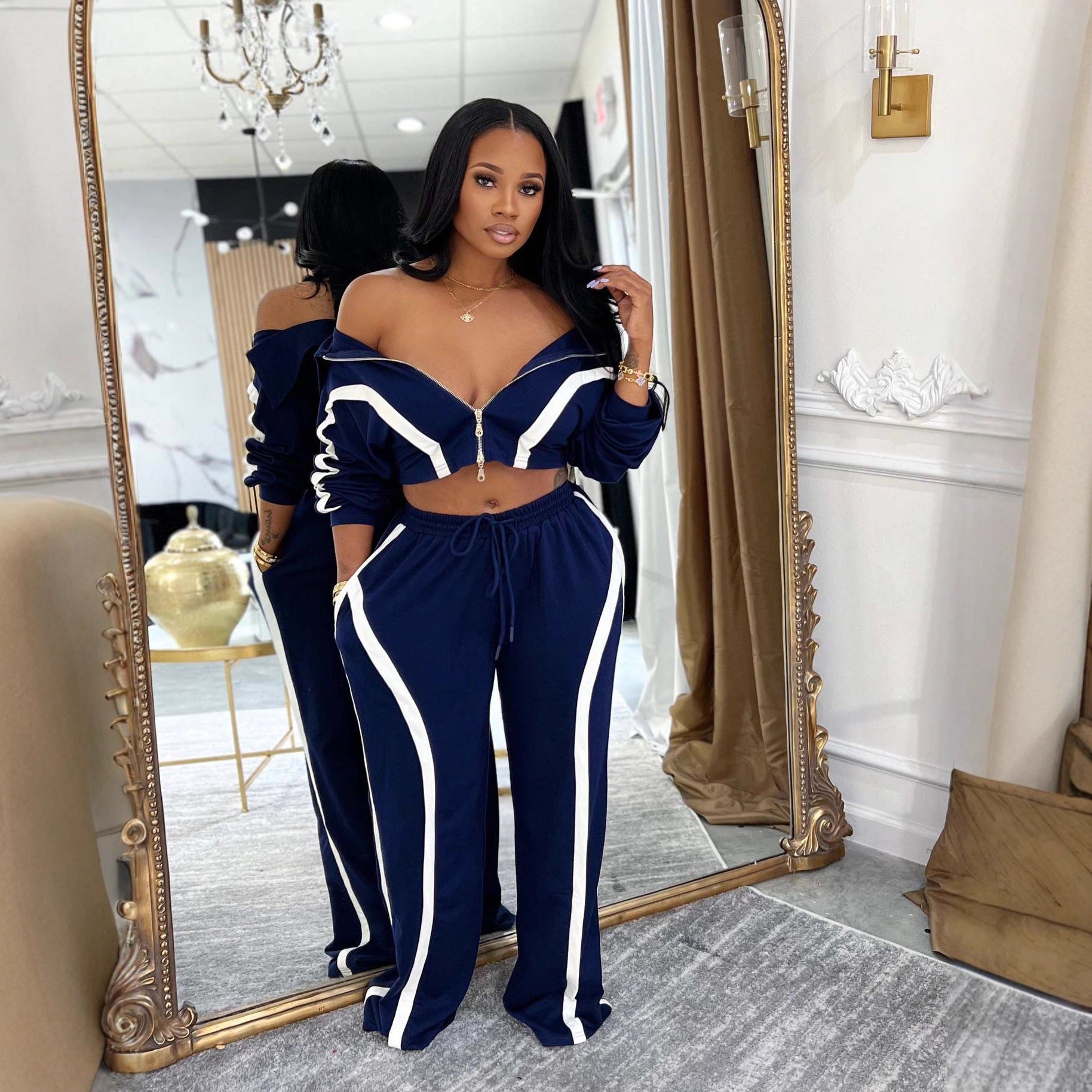 Women's Fashion Casual Sport Two-Piece Set Zipper Cropped Top + Loose Wide-Leg Pants