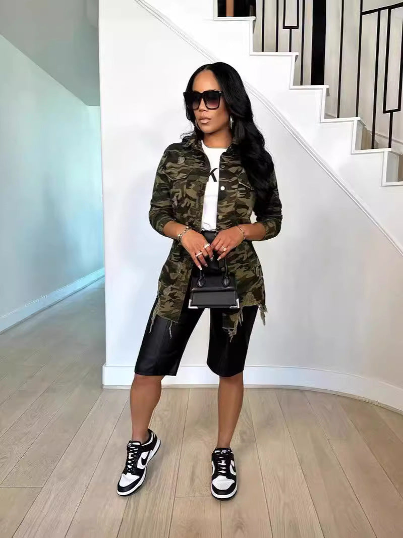 Women's Long Sleeve Camo Ripped Shirt Turndown Collar Long Sleeve Top 4