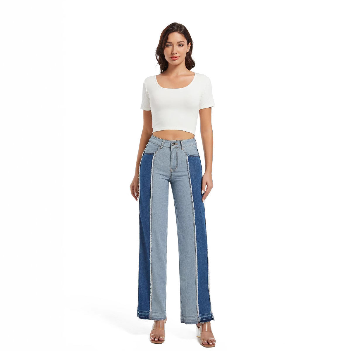 Women's Winter Fashion Slim Patchwork Contrast Color High Waist Casual Straight Denim Pants 7