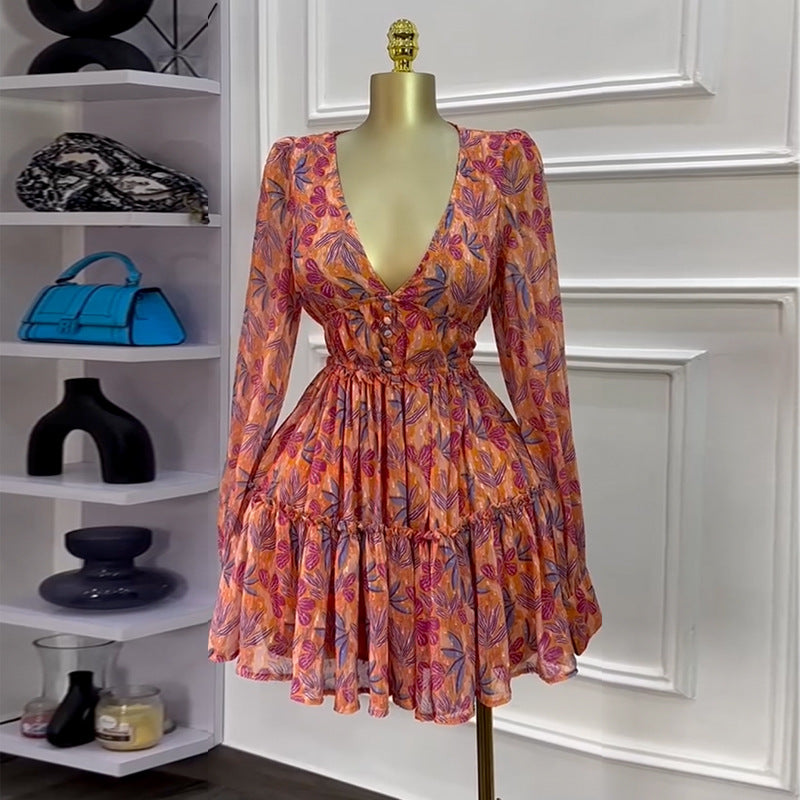 Women Spring Printed V-neck Dress 3