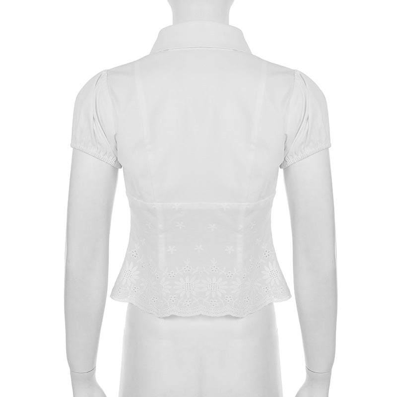 Women's Solid Color Lace Patchwork Puff Sleeve Slim Waist Single-breasted Shirt Short Top 8