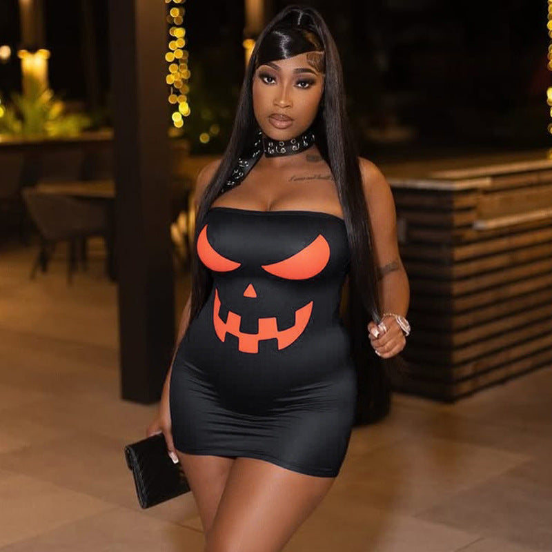 Women's Autumn Strapless Halloween Print Tight-Fitting Mini Bodycon Dress 17