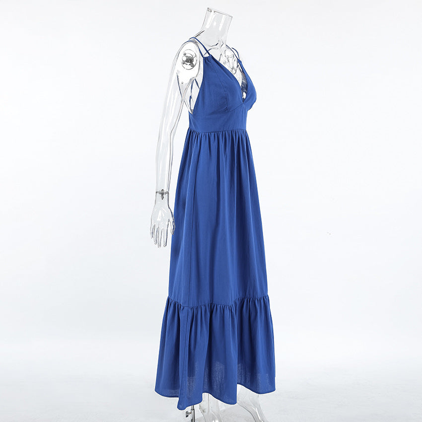 Spring Summer Holidays Style Blue V Neck Strap Low Back Long Dress 10