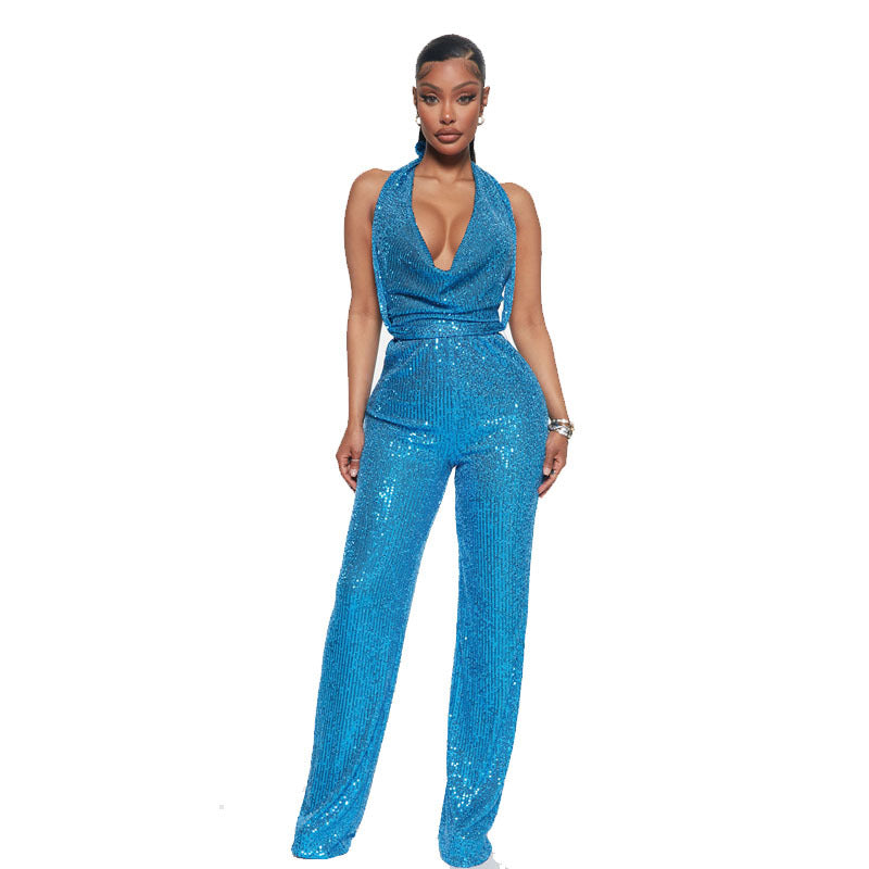 Women Sleeveless Halter Neck Sequined Lace-Up Jumpsuit with Belt