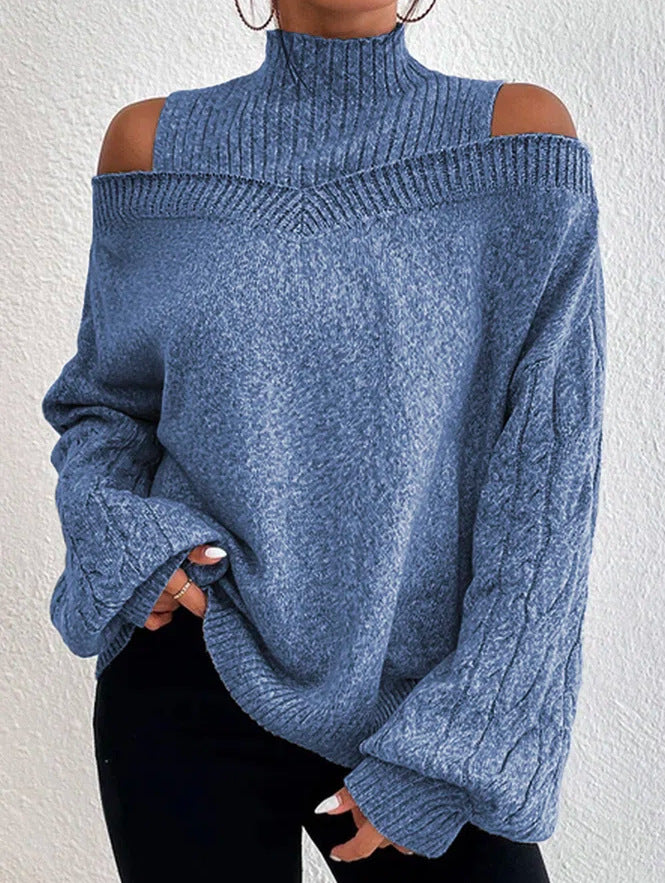 Women off-shoulder turtleneck loose sweater 4