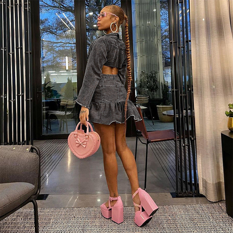 Women Autumn Solid Casual Button Zipper Denim Pleated Skirt 4