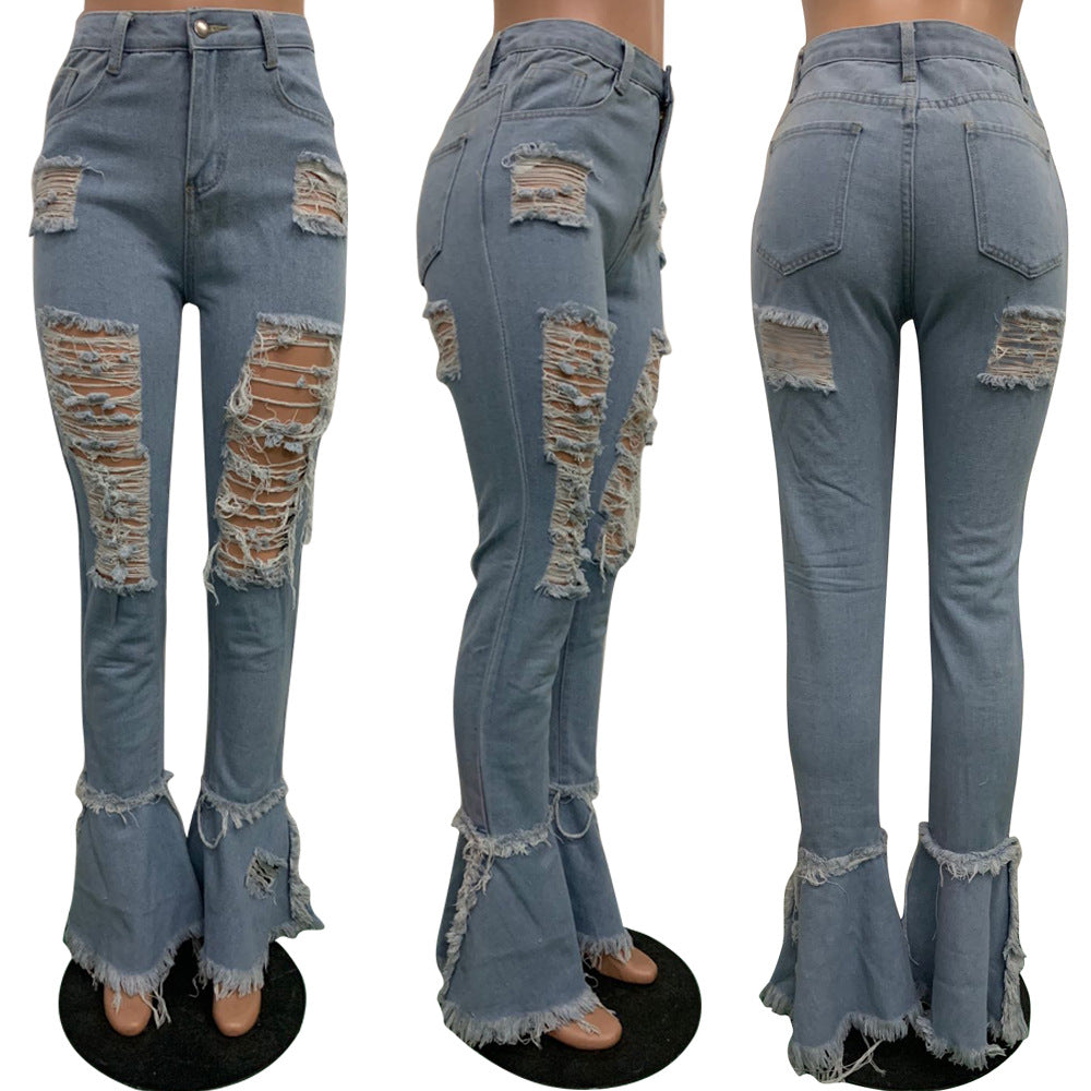 Women's Fringed Ripped Classic Denim Ruffle Trouser 17