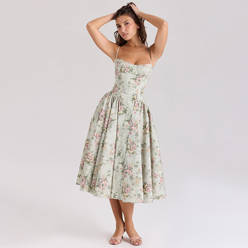 Summer Women's Chic Sexy Slim Waist Floral Strap Dress