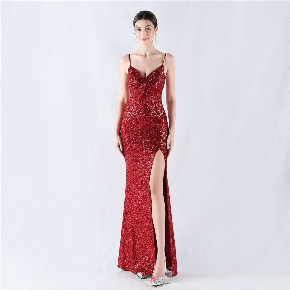 Women sequined sexy split sling evening dress 10