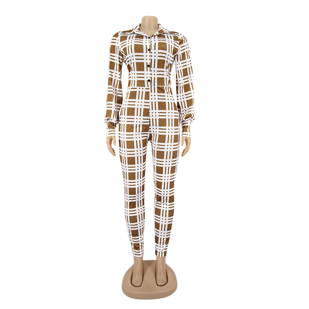 Fashionable Spring Turndown Collar Slim Puff Sleeve Women's Plaid Print Jumpsuit 13