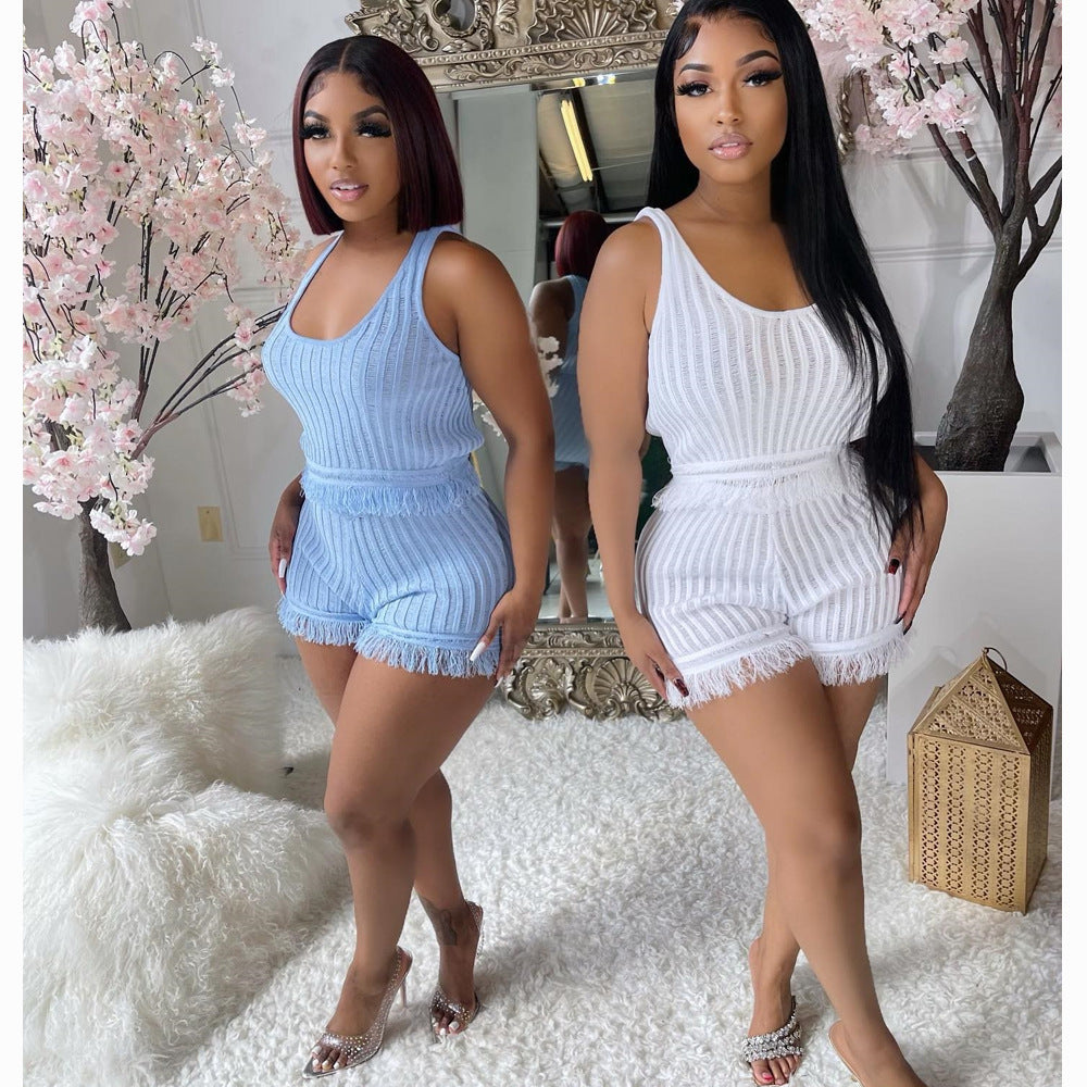 Women'S Sweet Solid Color Tassel Two-Piece Shorts Set 5