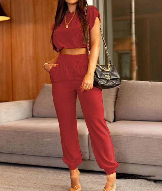 Women Solid Color Short Sleeve Top and Pant Two-Piece Set 3