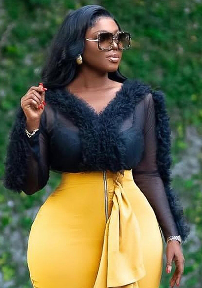 Sexy See-Through Long Sleeve Blouse V-Neck Mesh Patchwork Slim Waist Slim Fit Tops