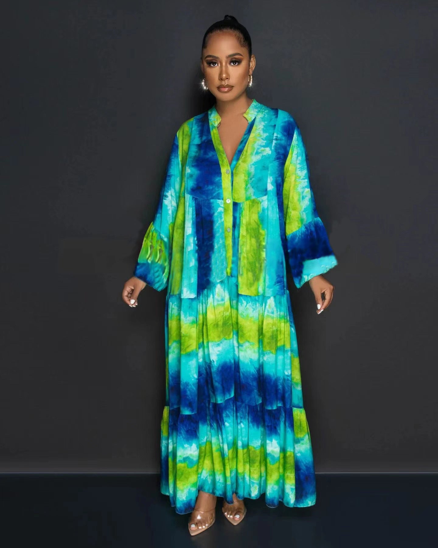 Fashion Painted And Printed V-Neck Long-Sleeved Long Swing Dress Maxi Dress