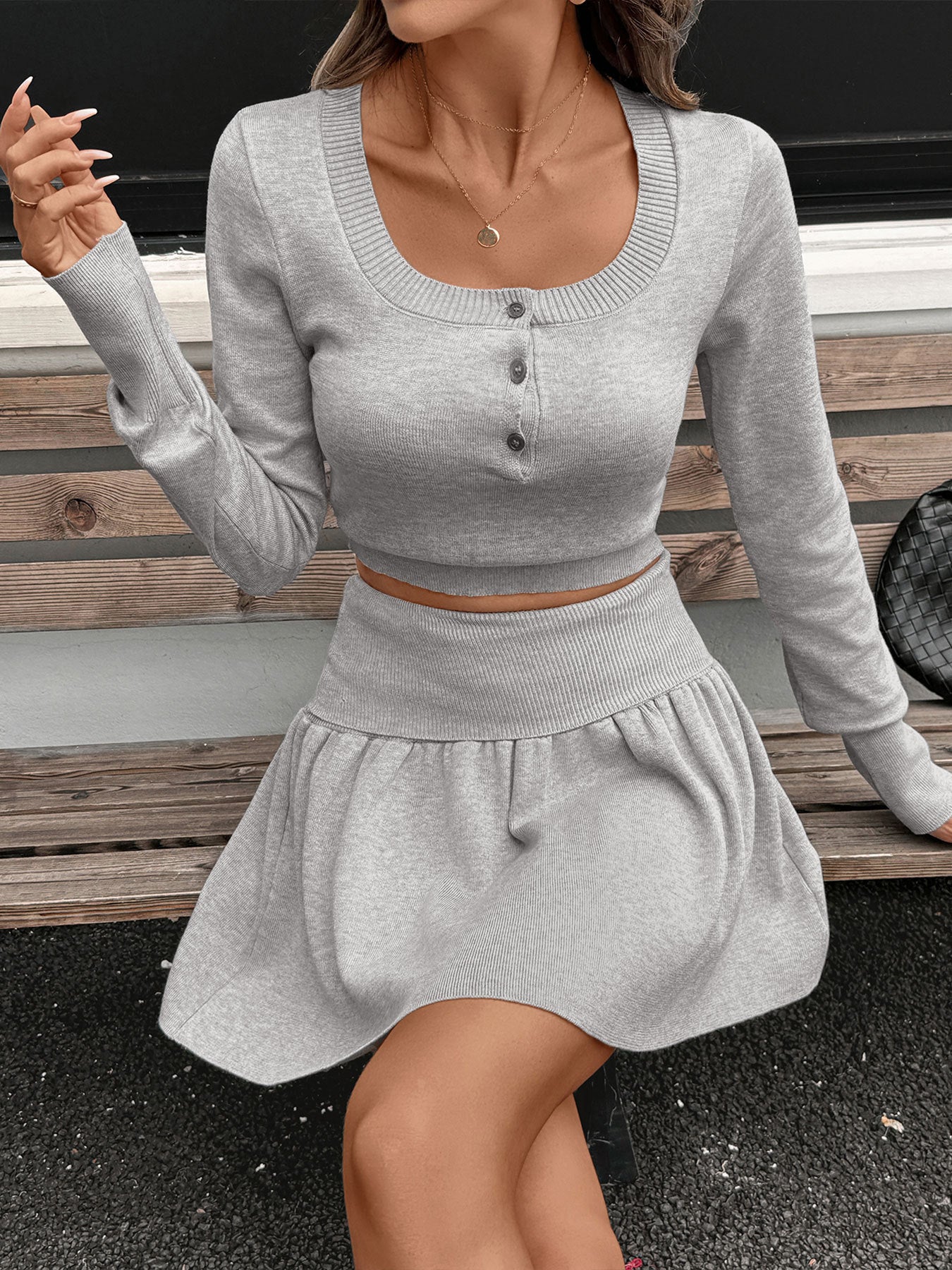 Casual Round Neck Short Crop Knit Long-Sleeve Top & Skirt Two-Piece Set