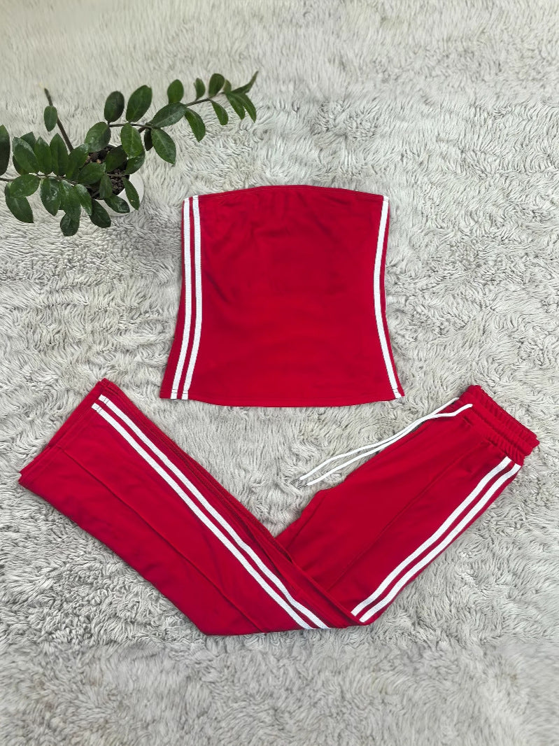 Fashion Women Strapless Tops Loose Pants Casual Two-piece Set 7