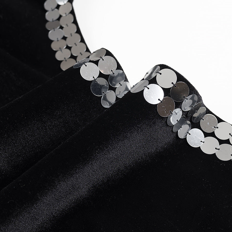 Women's Fashionable Round Neck Padded Shoulder High Slit Open Waist Black Long Dress 15