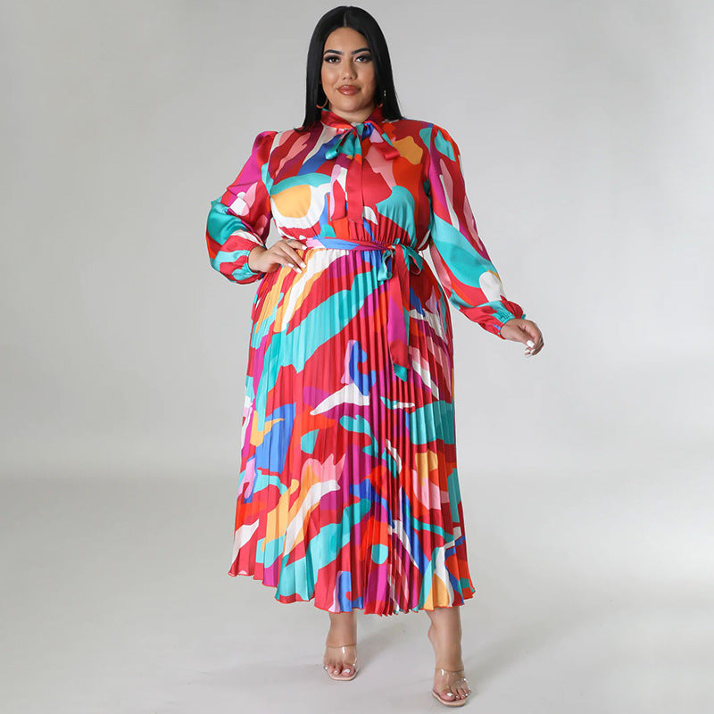 Plus Size Women Lace-Up Long Sleeve Printed Pleated Dress 11