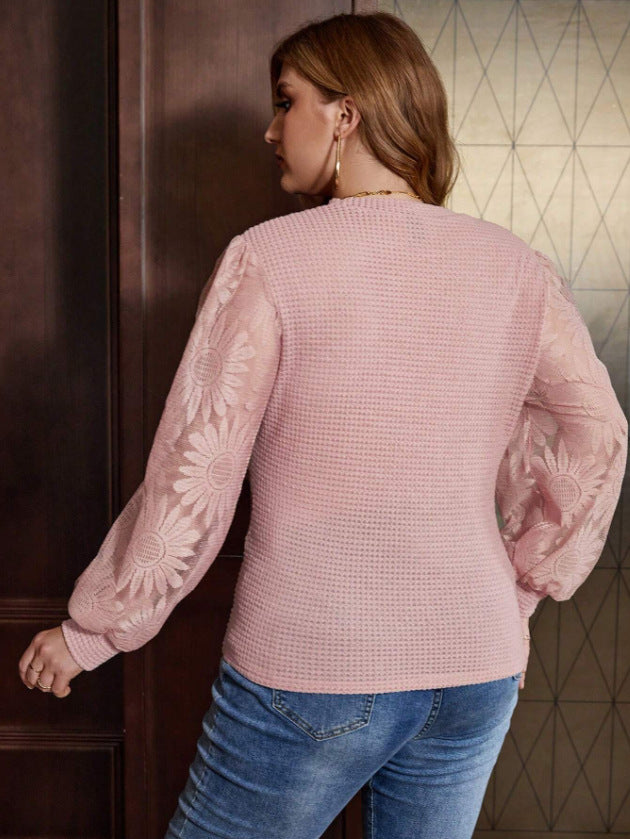 Plus Size Women's Color Block Puff Sleeve Waffleknitting Top 6