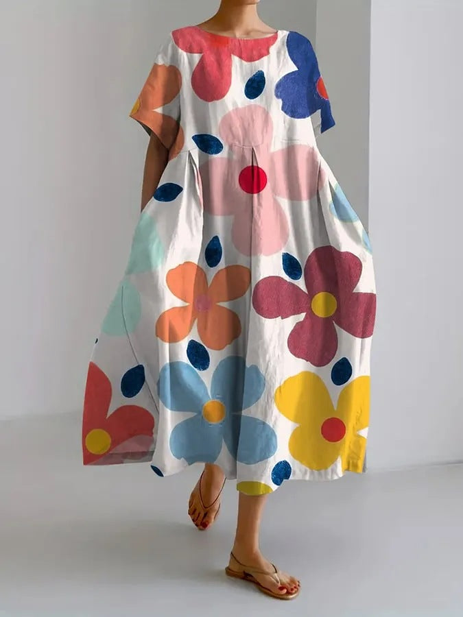 Women Print Round Neck Patchwork Dress 3