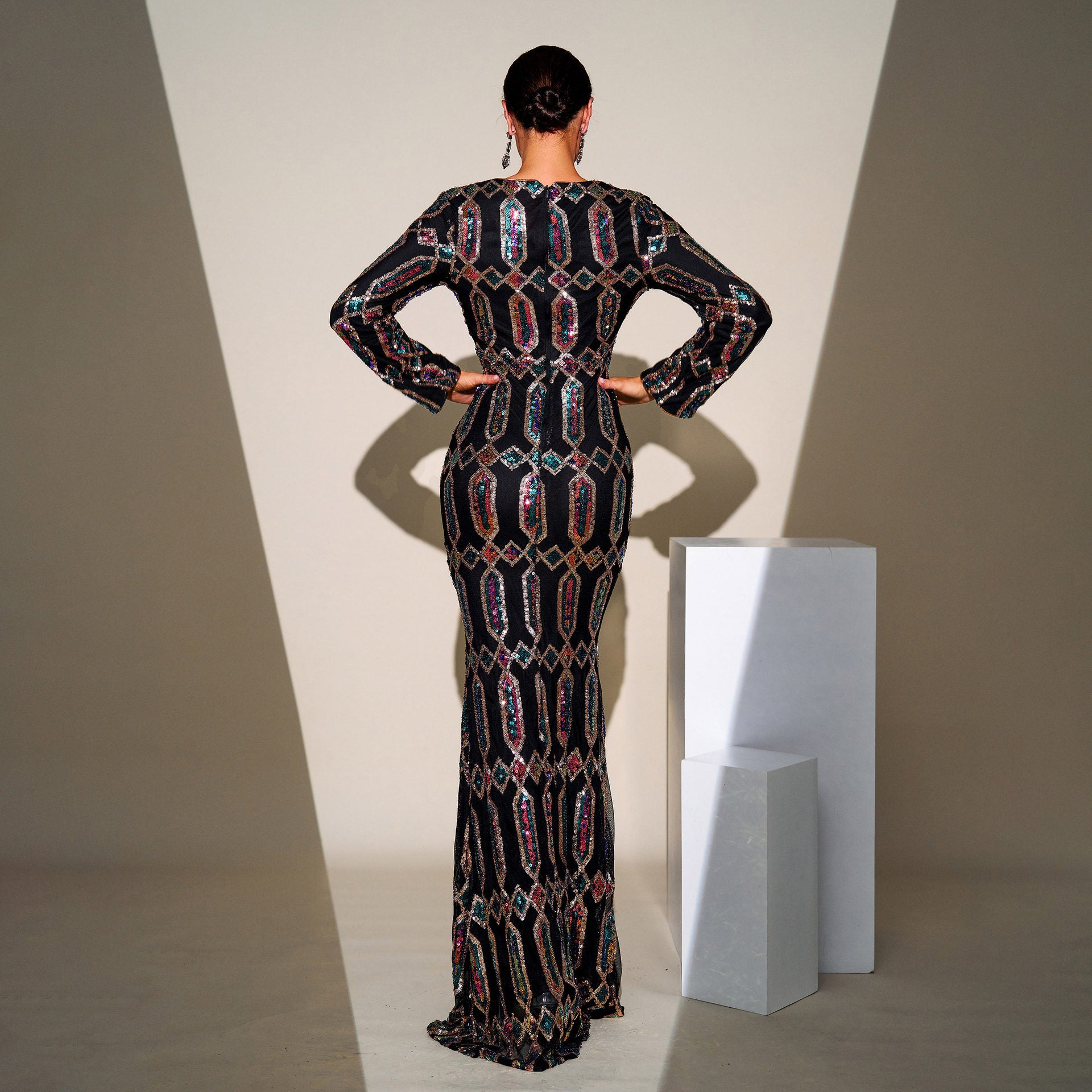 Women Sequined Long Sleeve Round Neck Formal Party Maxi Evening Dress 4