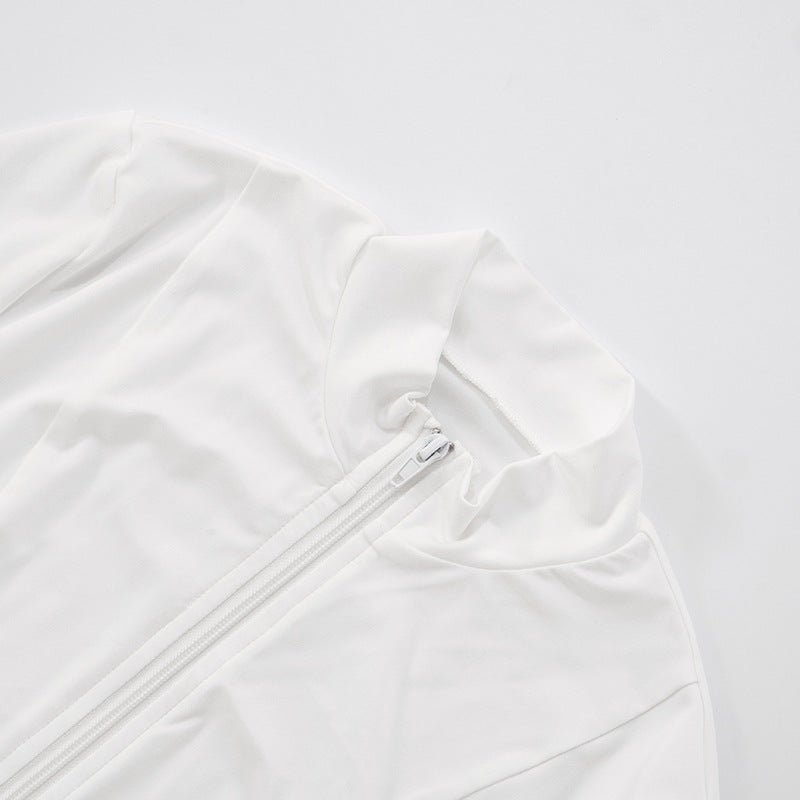 Women's Stand Collar Long Sleeve Slim-Fit Zip-Up Cropped Top & Short Skirt Two-Piece Set 20