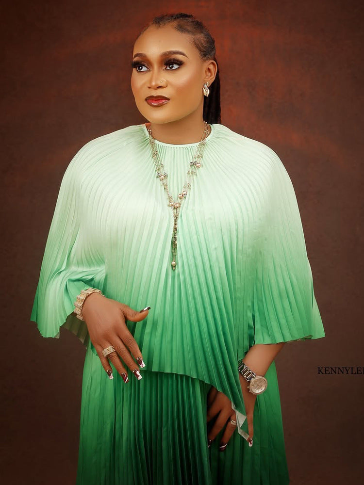 Plus Size women's clothing Slim Fit two-piece pleated gradient top pleated long skirt 13