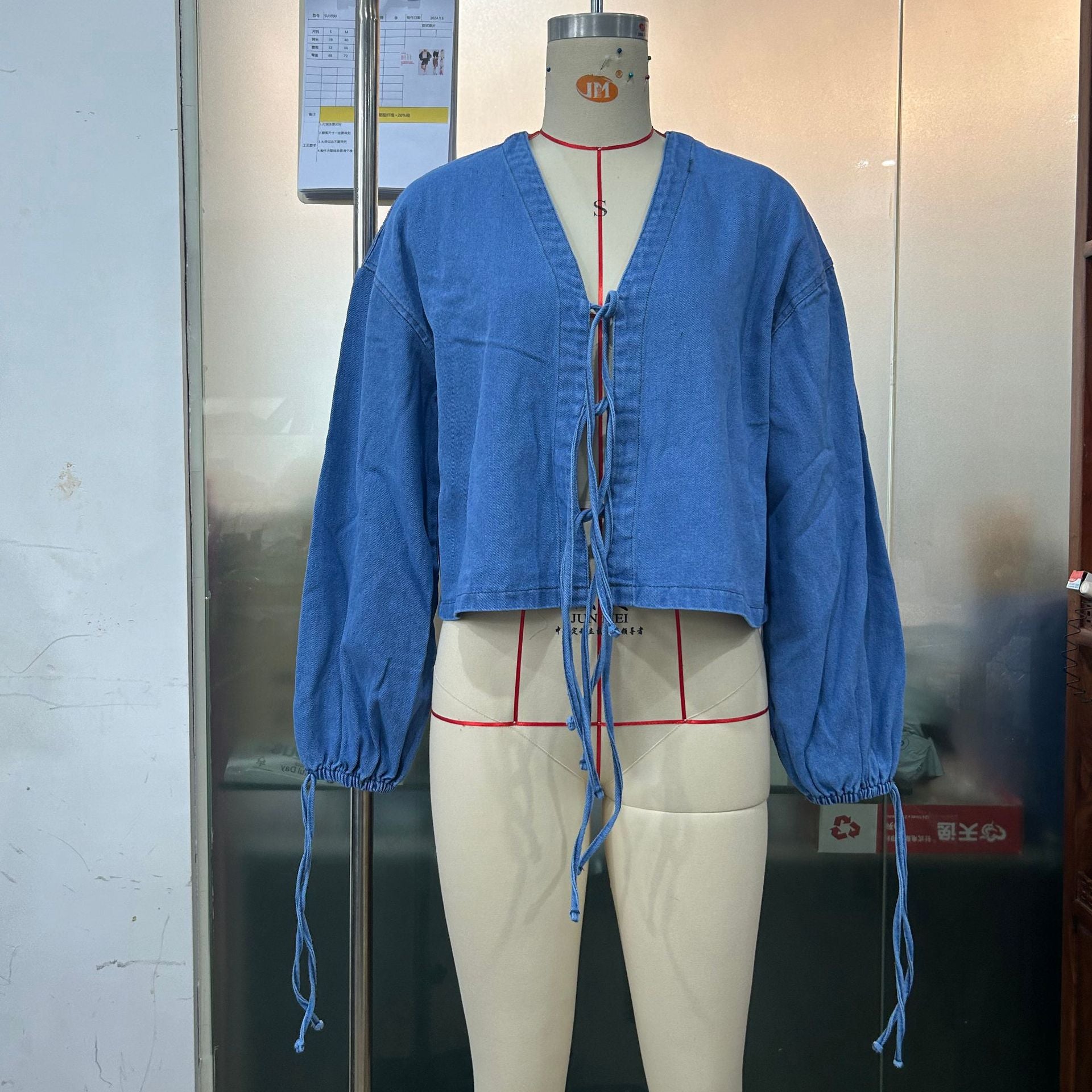 Women's Denim Jacket Y2K Bow Tie Long Sleeve Shirt Puff Sleeve Short Coat 6