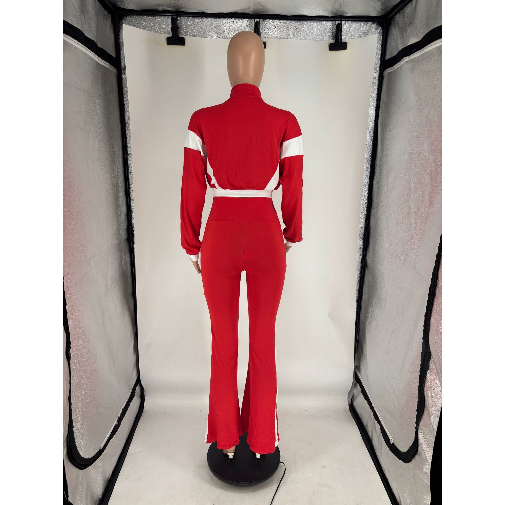 Women's Chic Casual Color-Block Long-Sleeve Zipper Top Slim Fit Bell Bottom Pants Set 21