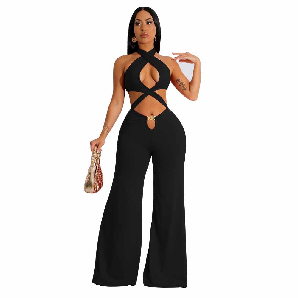 Women's Nightclub Sexy Cutout Halter Neck Wide Leg Jumpsuit 7