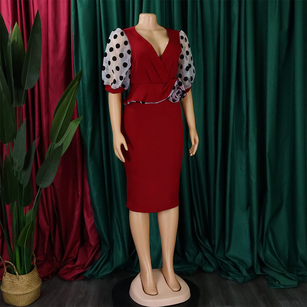 Women Summer mesh flocked puff sleeves V-neck Bodycon dress 18