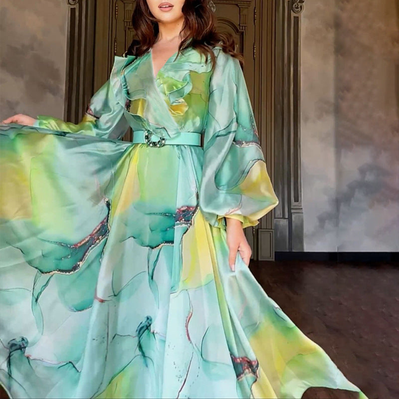 Plus Size Women Printed Turndown Collar Mesh Dress 4