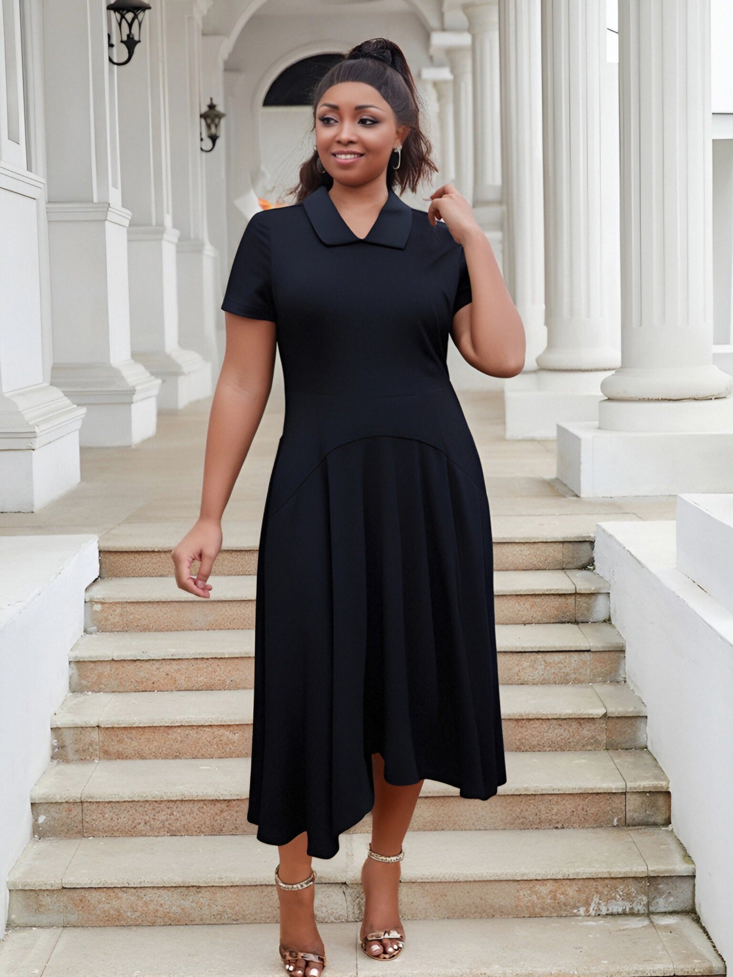 Plus Size Women Turndown Collar Irregular Elegant Dress 9