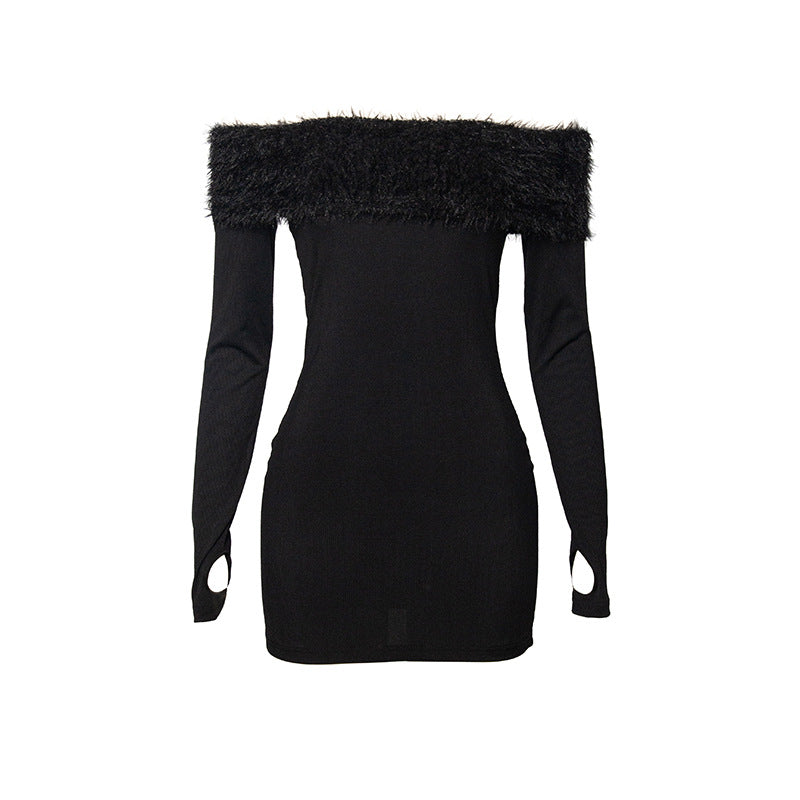 Women Solid Long Sleeve Off Shoulder Patchwork Furry Sexy Mini Dress 7