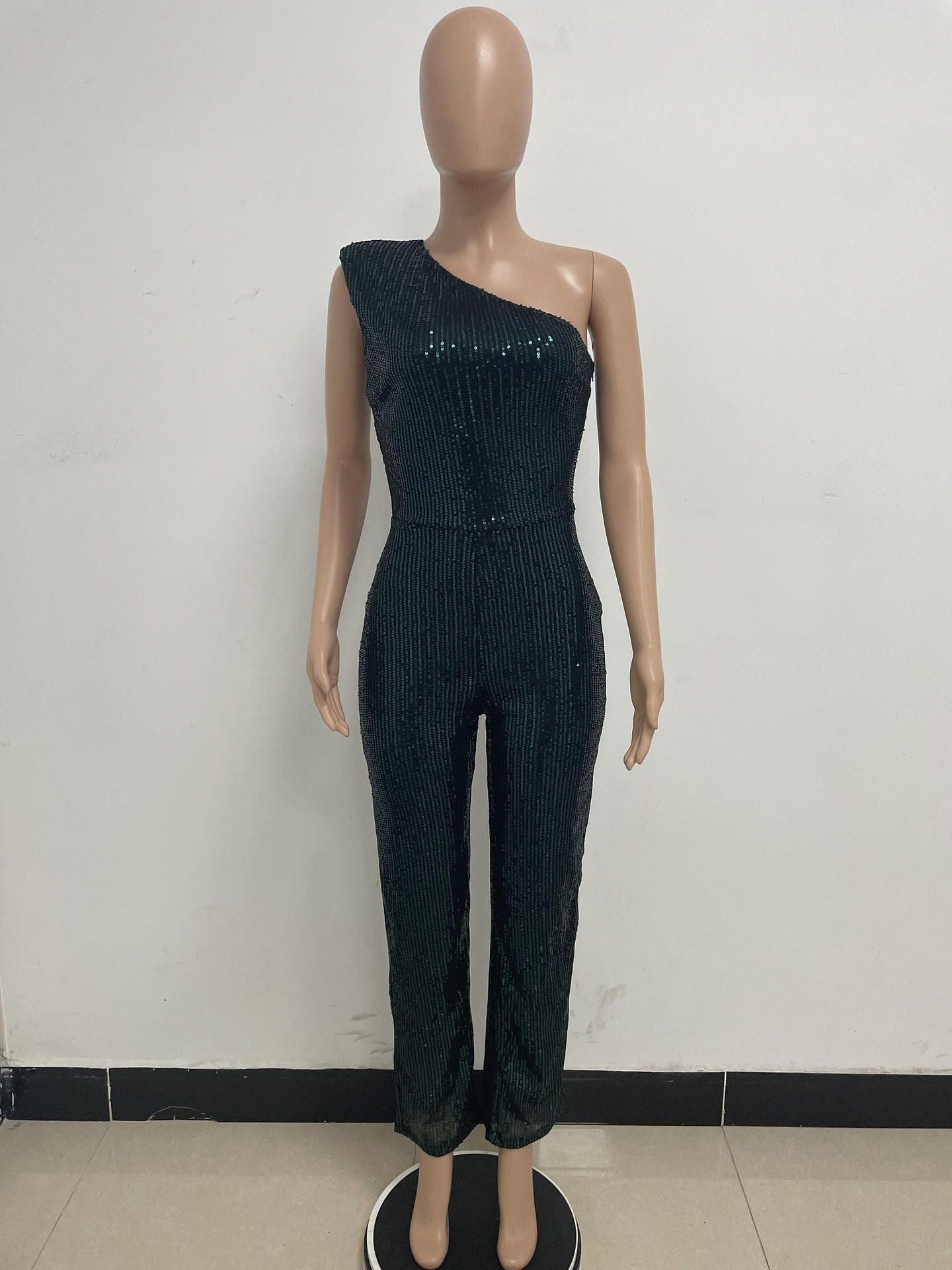 Women's Sleeveless One Shoulder Low Back Sequined Jumpsuit 41