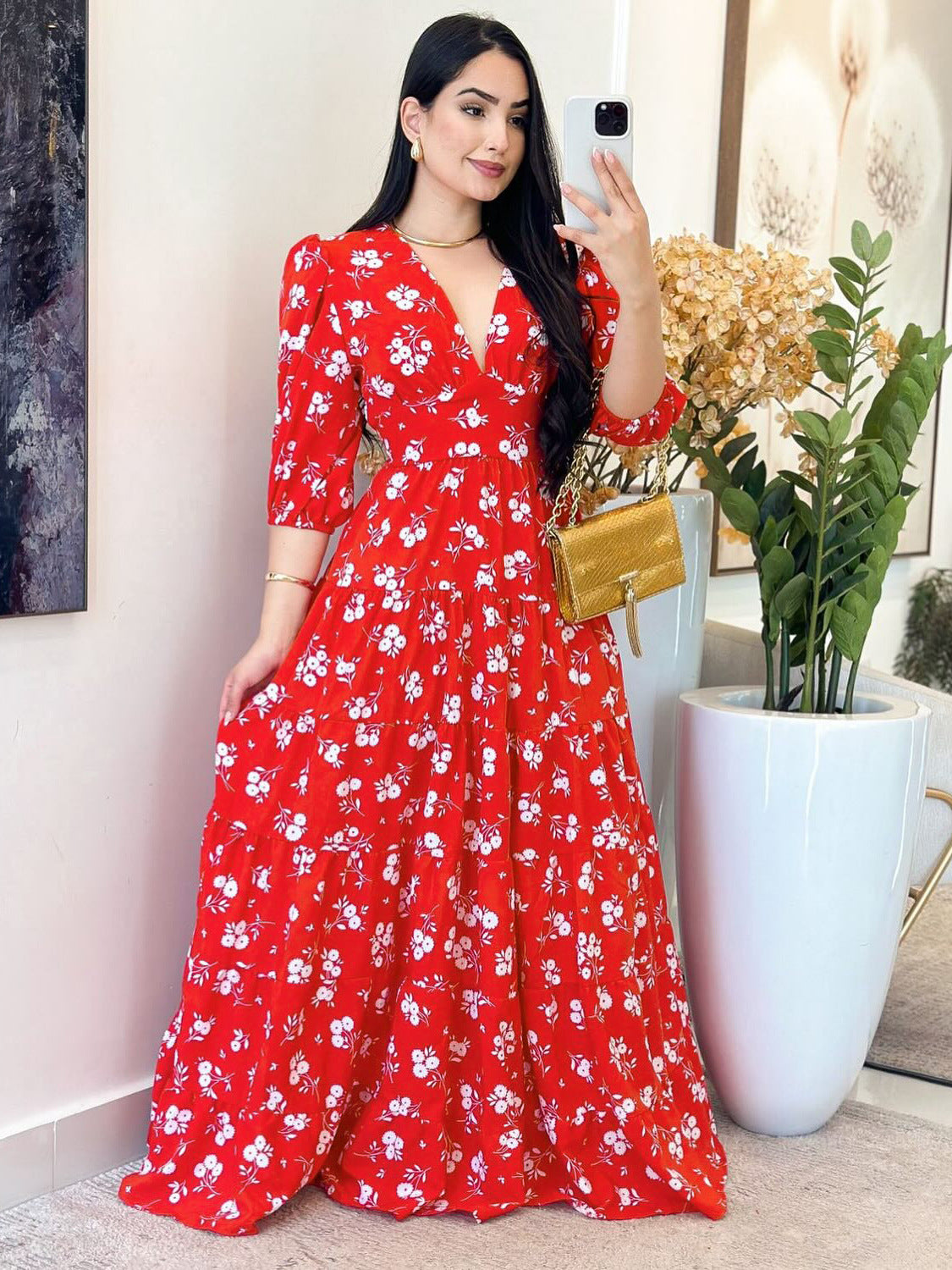 Women Floral Print V Neck Maxi Dress 3