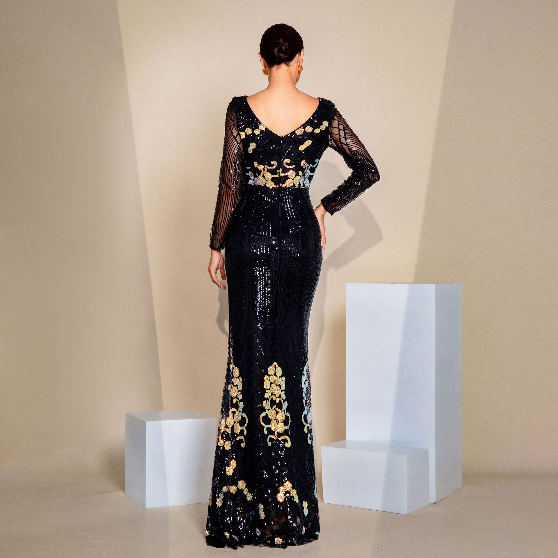Women Sequined Long Sleeve Round Neck Formal Party Maxi Evening Dress 4
