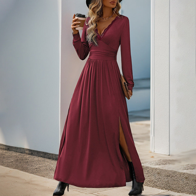 Women autumn solid slit dress 11