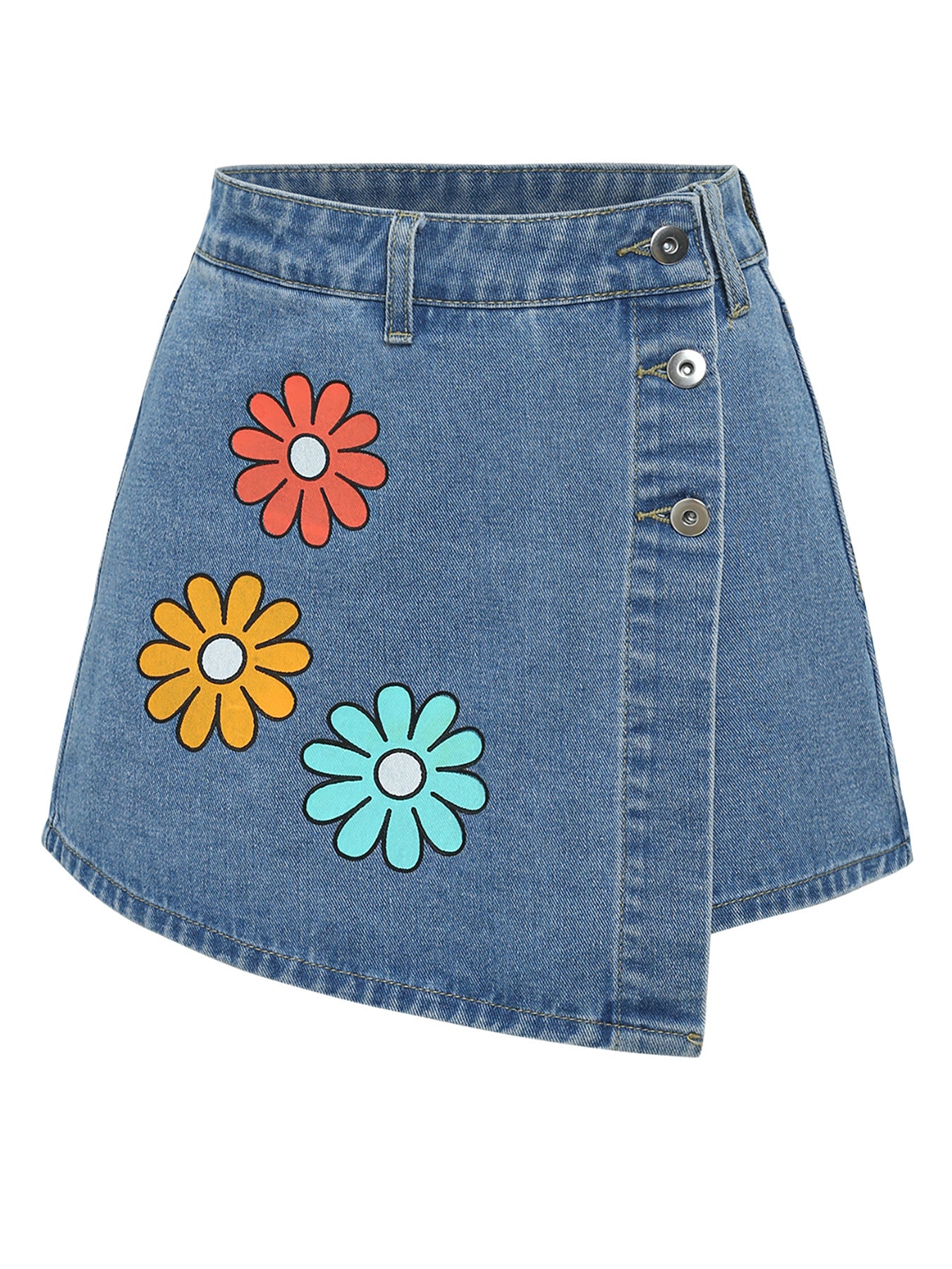 Women Multi-Color Floral Print Asymmetric Denim Skirt