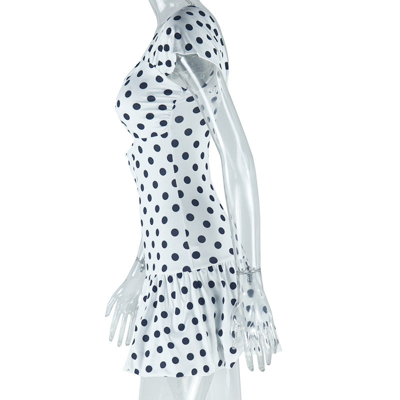 Women's fashion polka dot print sexy hollow off-shoulder short-sleeved casual bubble dress 8