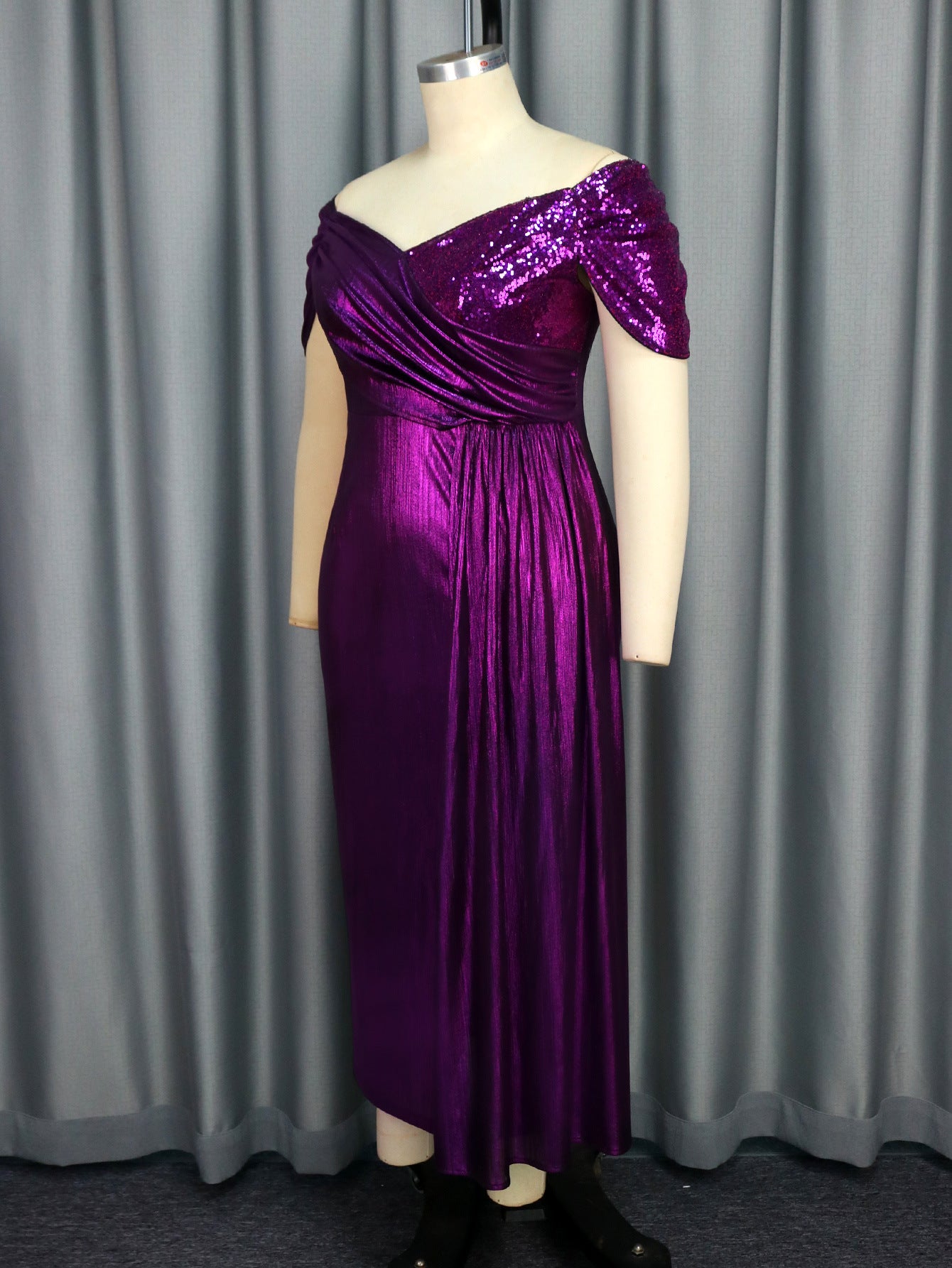 Women Off Shoulder V Neck Formal Party Pleated Small Sleeve Dresses 4