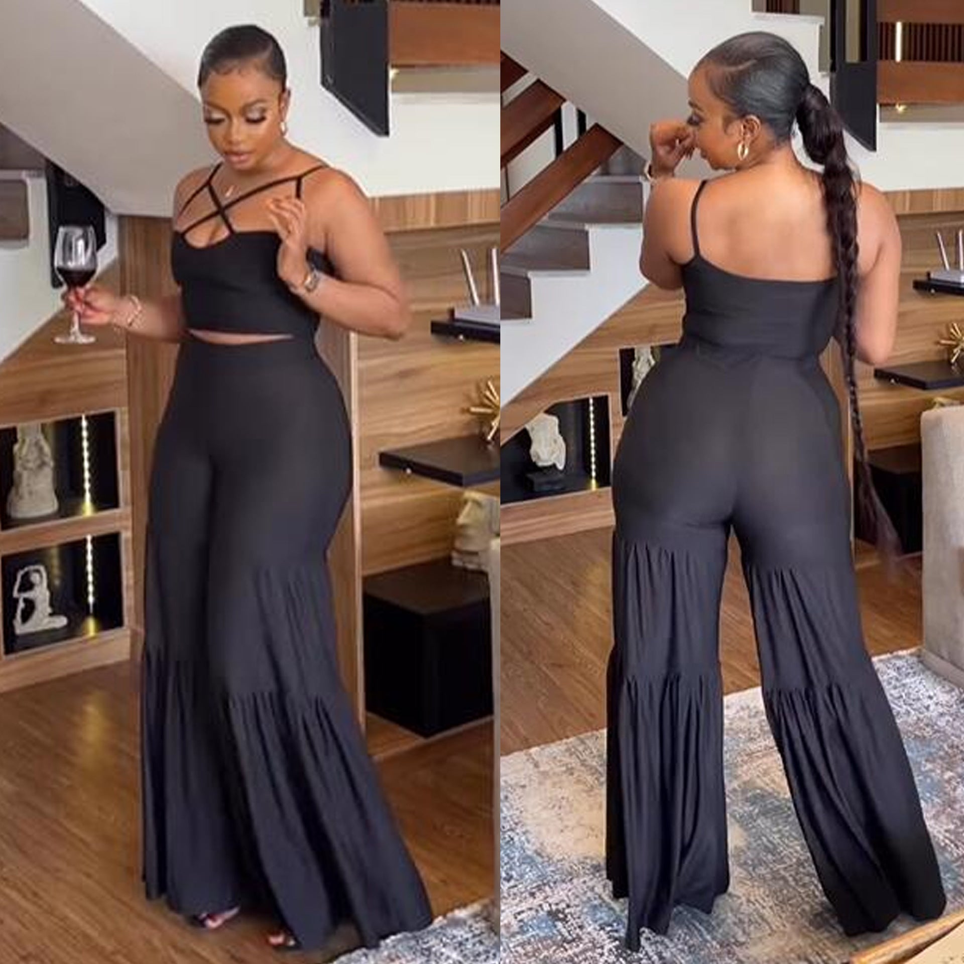 Sexy Slim Fit Solid Color Straps Tank Top Stretch Bell Bottom Pants Two-Piece Set 3