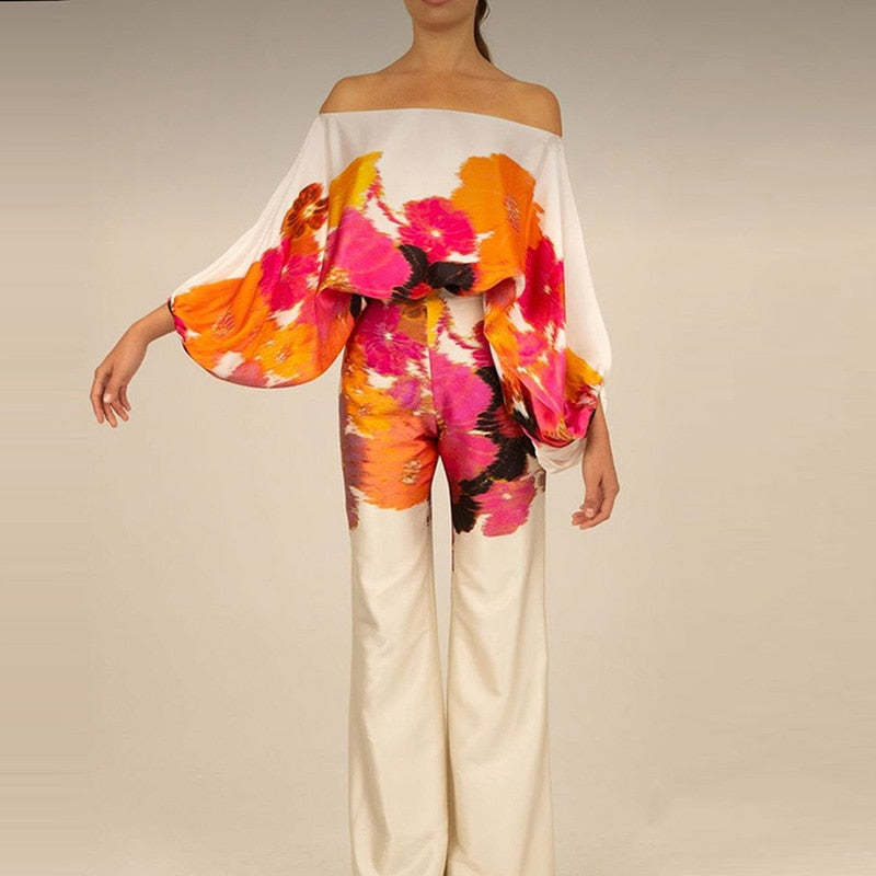 Women Casual Loose Off Shoulder Top and Printed Wide Leg Pants Two-piece Set 8