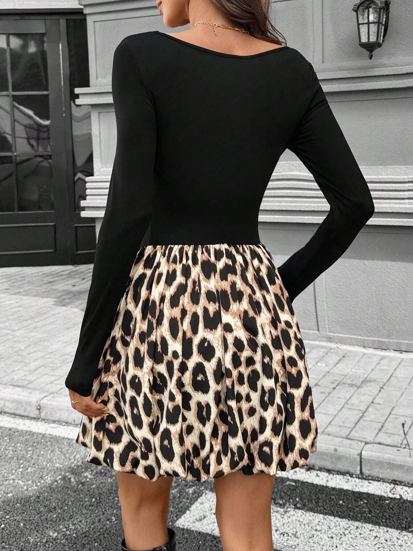 Women square neck long sleeve Solid/ Patchwork leopard dress 6