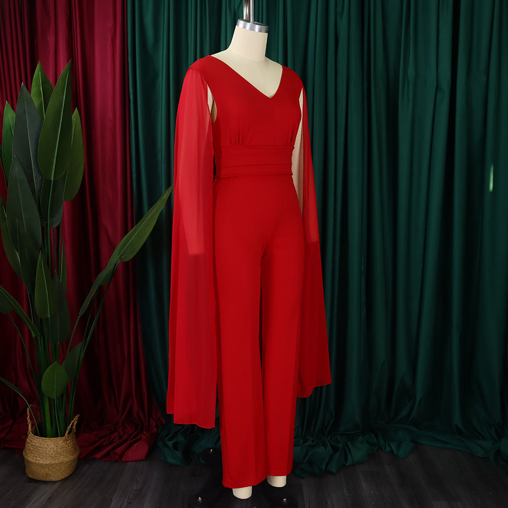 Plus Size African Women V-neck Top and Wide Leg Pants Two-piece Set 21