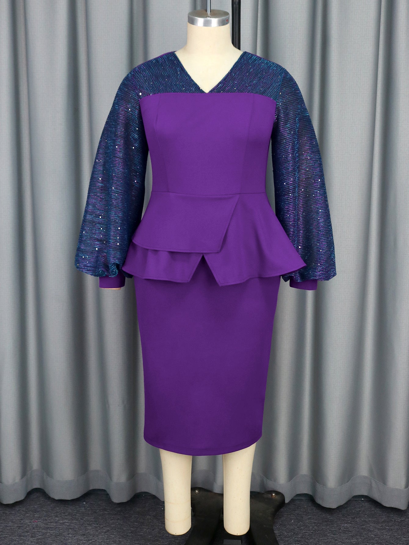 Women Elegant Lantern Sleeve Ruffled Bodycon Party Dress 6