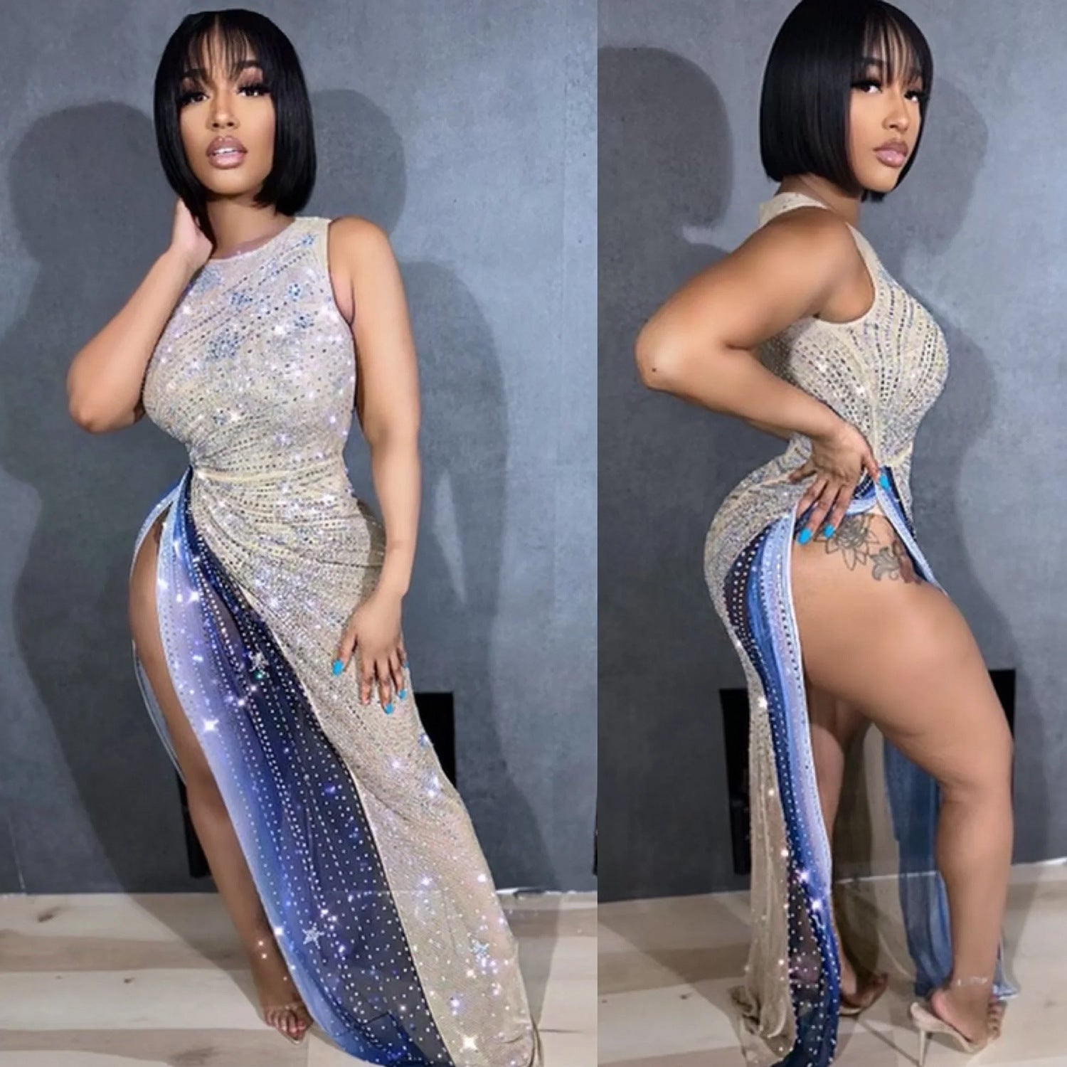 Summer Women Sexy Mesh Beaded Printed Slit Dress 3