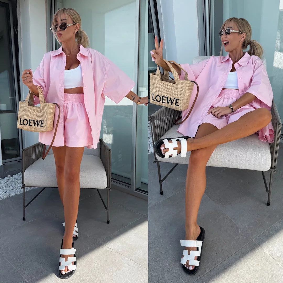 Women spring and summer Casual Solid short-sleeved shirt loose shorts two-piece set 3